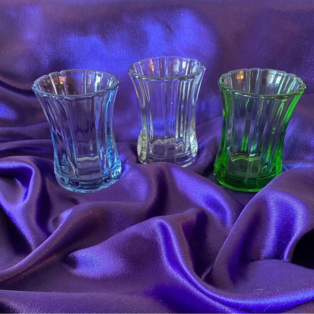 Southern Living at Home Candle Holders. Set of 3 Green, Blue, and Clear glass.